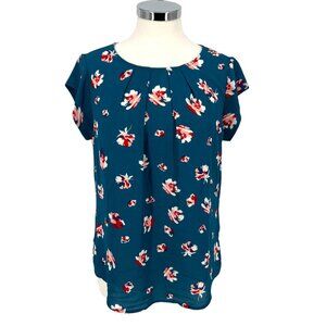 41 Hawthorn Floral Cap Sleeve Blouse Teal Blue Red Size Petite Small NWT